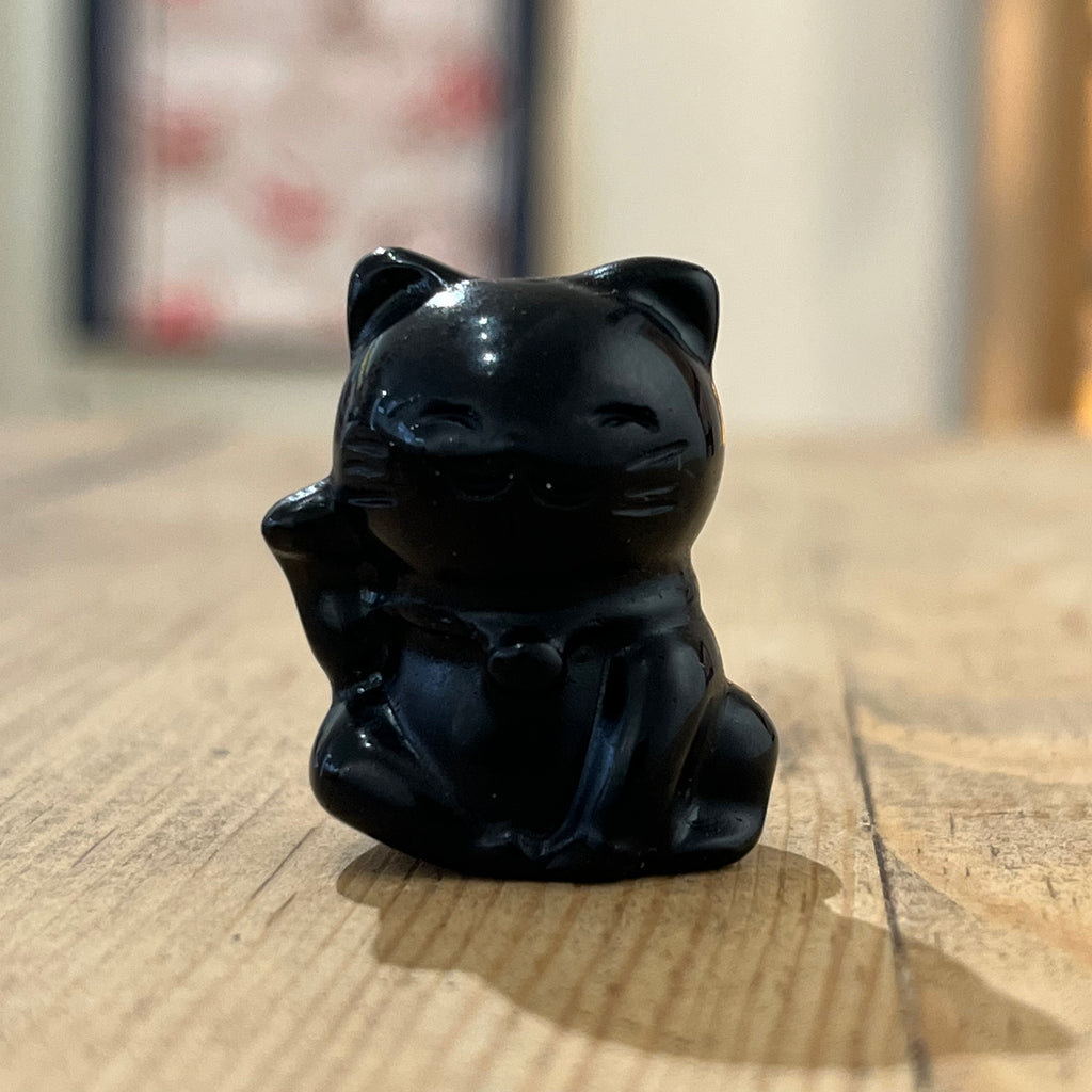 Black Obsidian Maneki Neko Gemstone Cat, The Lucky Cat Shop